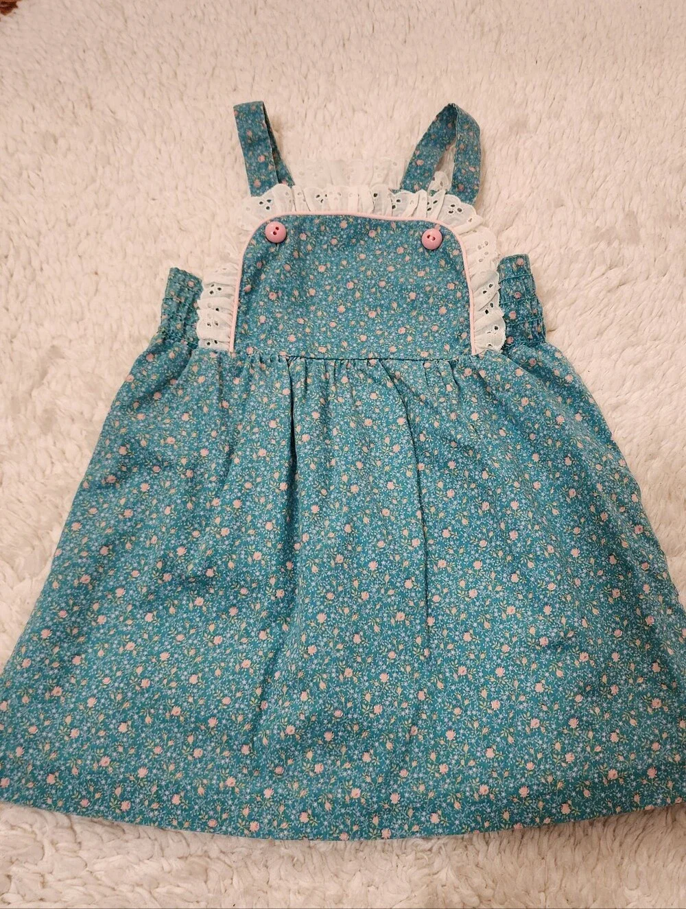 Ruth Scharf Vintage Floral Pinafore Dress Girls 4T Teal Pink Cottagecore Shabby
